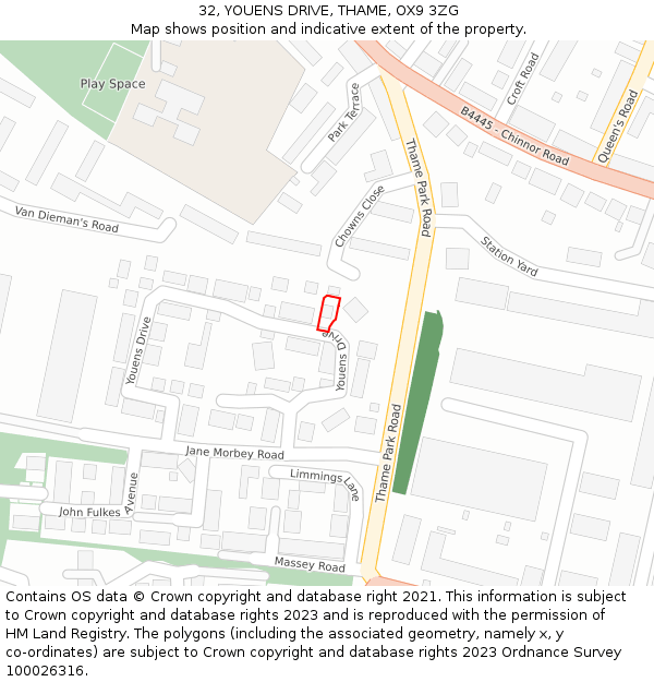 32, YOUENS DRIVE, THAME, OX9 3ZG: Location map and indicative extent of plot