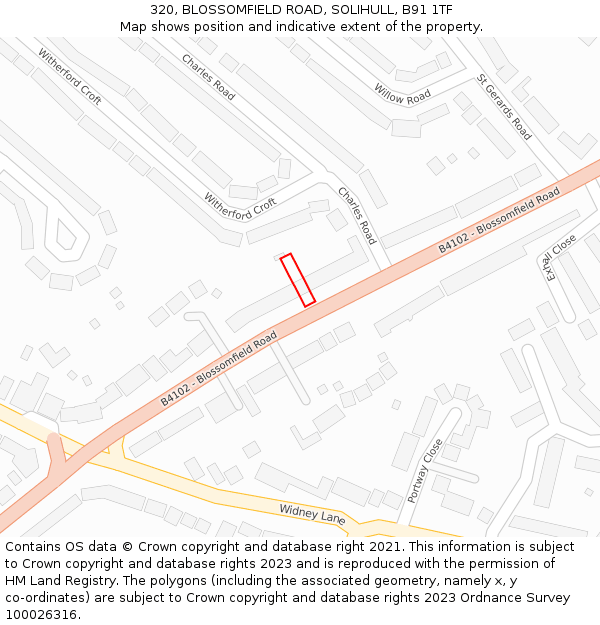 320, BLOSSOMFIELD ROAD, SOLIHULL, B91 1TF: Location map and indicative extent of plot