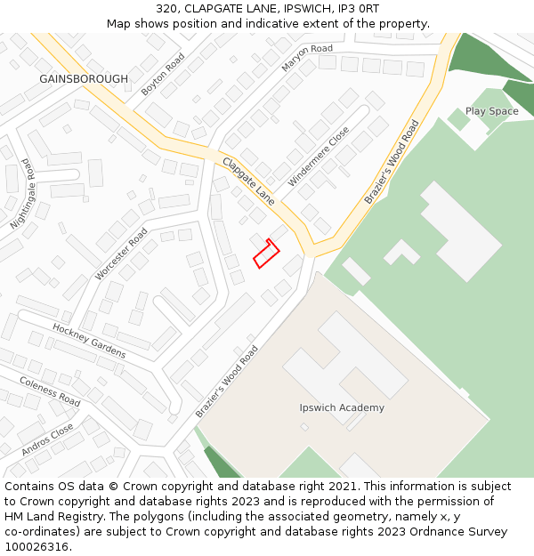 320, CLAPGATE LANE, IPSWICH, IP3 0RT: Location map and indicative extent of plot