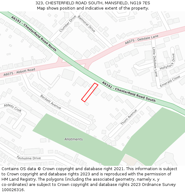 323, CHESTERFIELD ROAD SOUTH, MANSFIELD, NG19 7ES: Location map and indicative extent of plot