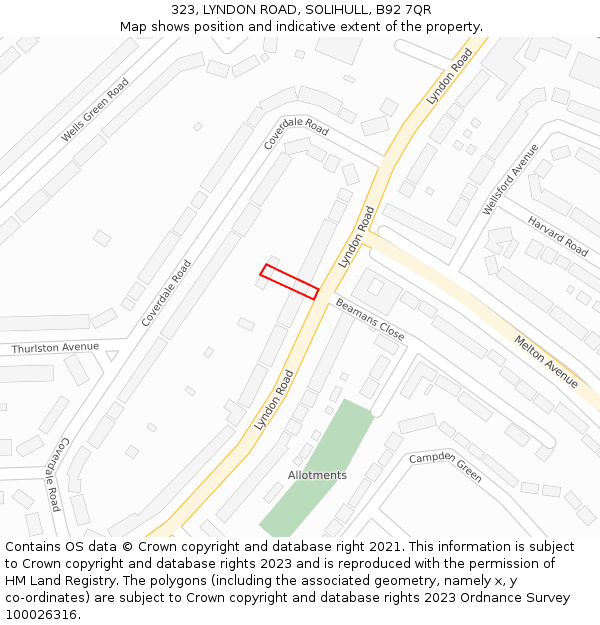 323, LYNDON ROAD, SOLIHULL, B92 7QR: Location map and indicative extent of plot