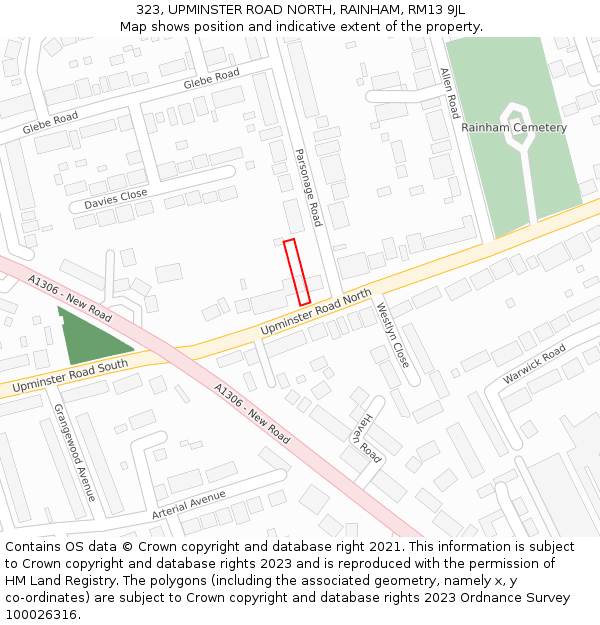 323, UPMINSTER ROAD NORTH, RAINHAM, RM13 9JL: Location map and indicative extent of plot