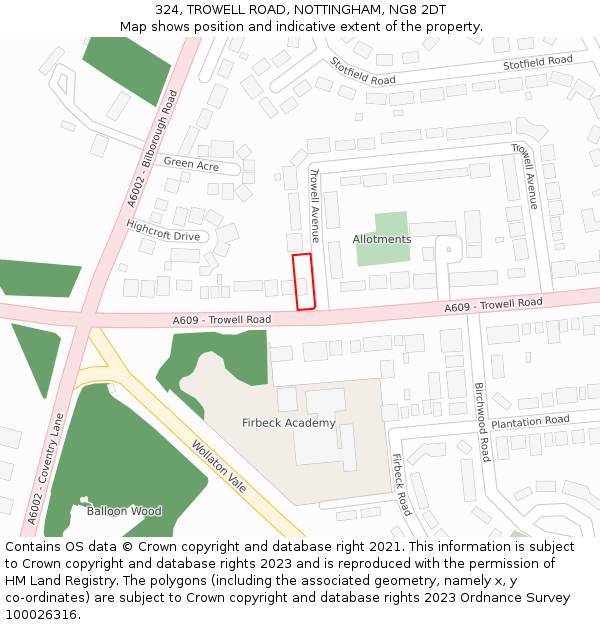 324, TROWELL ROAD, NOTTINGHAM, NG8 2DT: Location map and indicative extent of plot