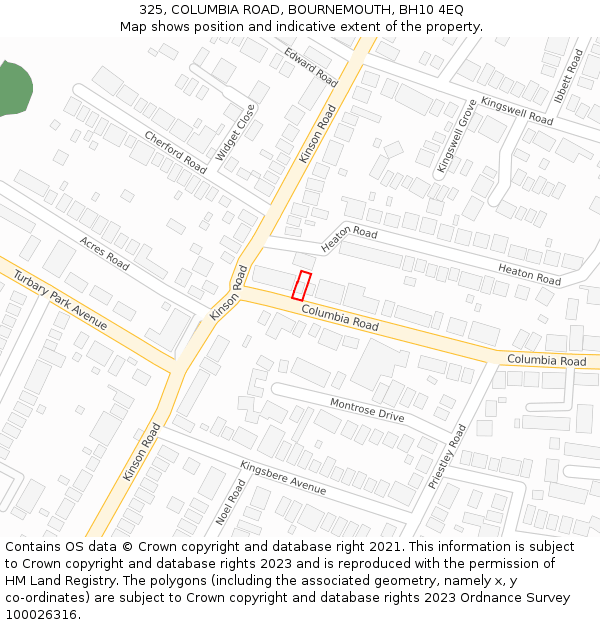 325, COLUMBIA ROAD, BOURNEMOUTH, BH10 4EQ: Location map and indicative extent of plot