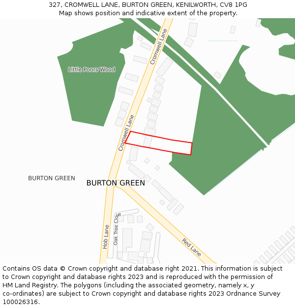 327, CROMWELL LANE, BURTON GREEN, KENILWORTH, CV8 1PG: Location map and indicative extent of plot