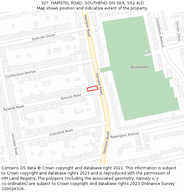 327, HAMSTEL ROAD, SOUTHEND-ON-SEA, SS2 4LD: Location map and indicative extent of plot
