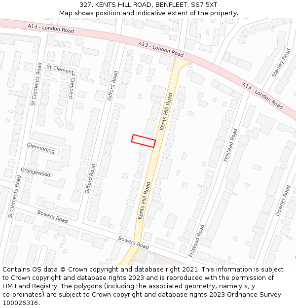 327, KENTS HILL ROAD, BENFLEET, SS7 5XT: Location map and indicative extent of plot