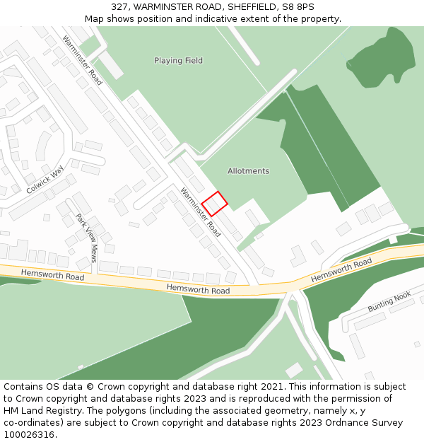327, WARMINSTER ROAD, SHEFFIELD, S8 8PS: Location map and indicative extent of plot