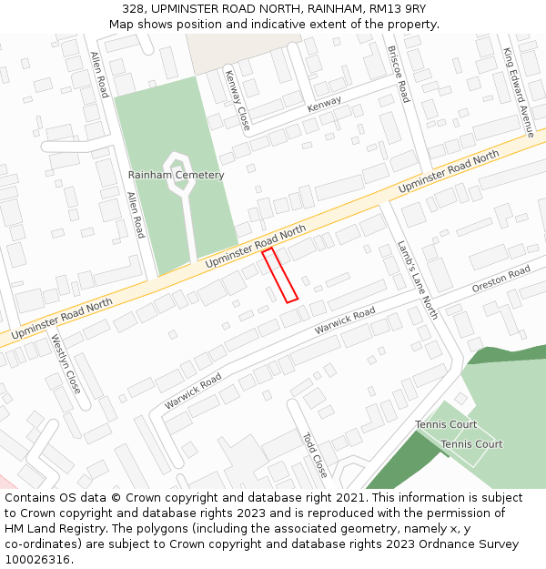 328, UPMINSTER ROAD NORTH, RAINHAM, RM13 9RY: Location map and indicative extent of plot