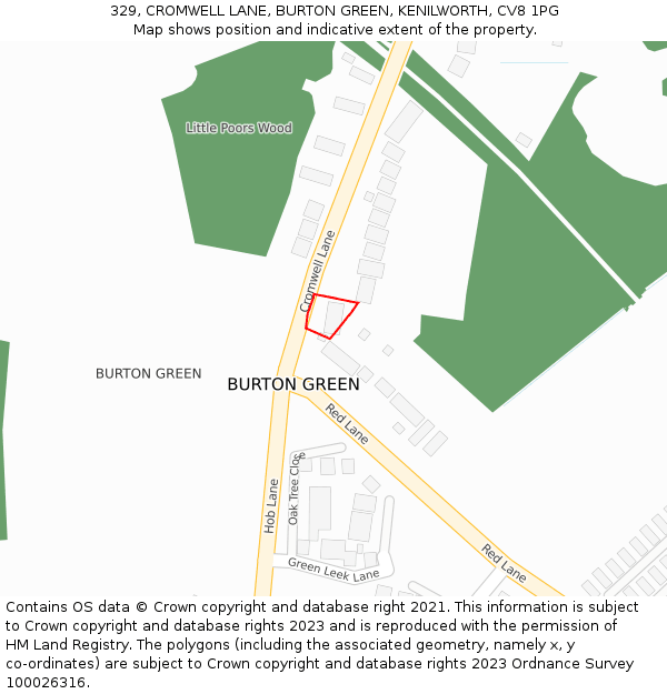 329, CROMWELL LANE, BURTON GREEN, KENILWORTH, CV8 1PG: Location map and indicative extent of plot