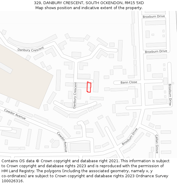 329, DANBURY CRESCENT, SOUTH OCKENDON, RM15 5XD: Location map and indicative extent of plot