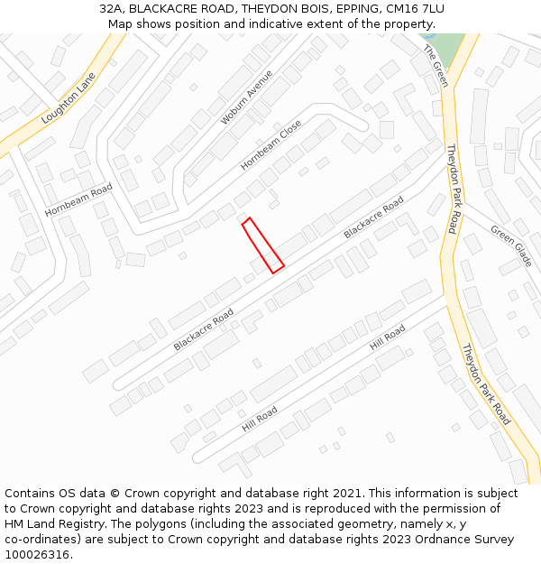 32A, BLACKACRE ROAD, THEYDON BOIS, EPPING, CM16 7LU: Location map and indicative extent of plot