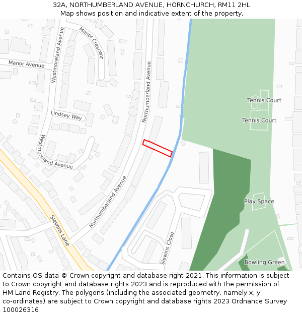 32A, NORTHUMBERLAND AVENUE, HORNCHURCH, RM11 2HL: Location map and indicative extent of plot