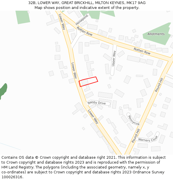 32B, LOWER WAY, GREAT BRICKHILL, MILTON KEYNES, MK17 9AG: Location map and indicative extent of plot