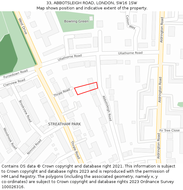 33, ABBOTSLEIGH ROAD, LONDON, SW16 1SW: Location map and indicative extent of plot