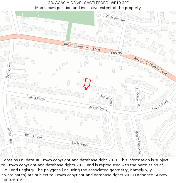 33, ACACIA DRIVE, CASTLEFORD, WF10 3PF: Location map and indicative extent of plot