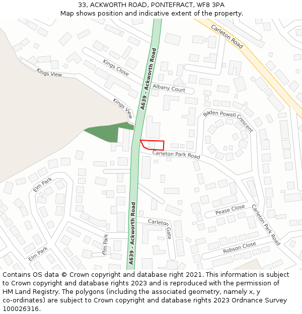 33, ACKWORTH ROAD, PONTEFRACT, WF8 3PA: Location map and indicative extent of plot