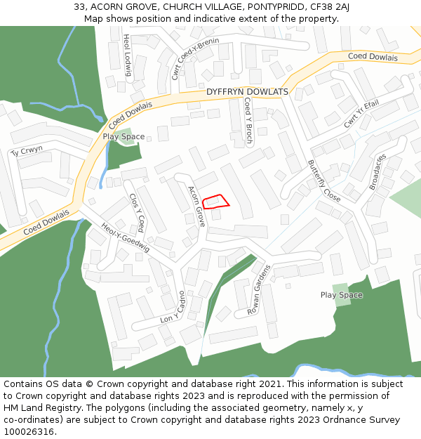 33, ACORN GROVE, CHURCH VILLAGE, PONTYPRIDD, CF38 2AJ: Location map and indicative extent of plot