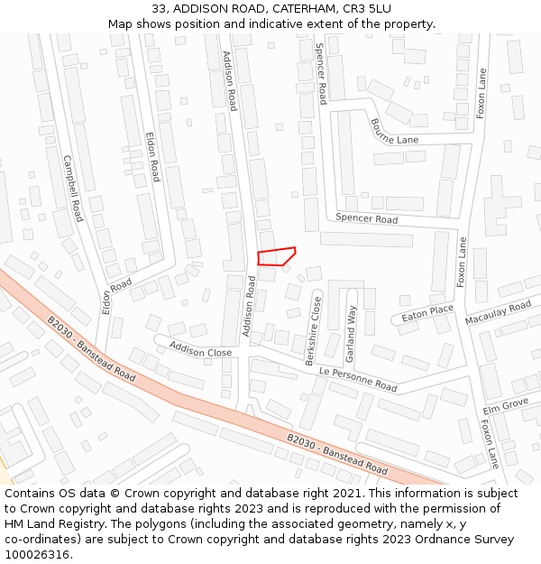 33, ADDISON ROAD, CATERHAM, CR3 5LU: Location map and indicative extent of plot