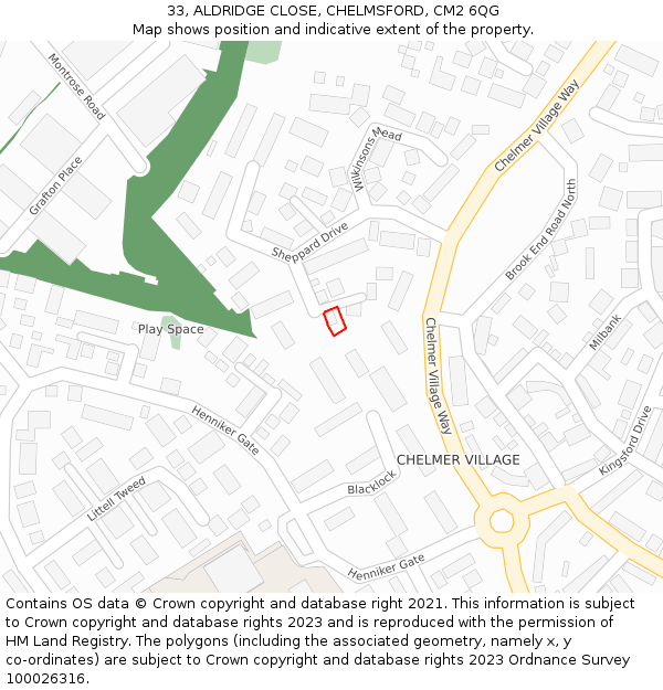 33, ALDRIDGE CLOSE, CHELMSFORD, CM2 6QG: Location map and indicative extent of plot