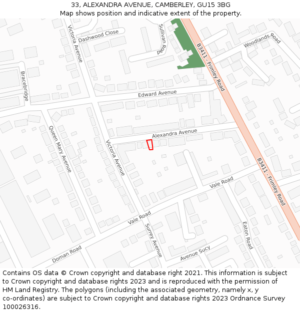 33, ALEXANDRA AVENUE, CAMBERLEY, GU15 3BG: Location map and indicative extent of plot