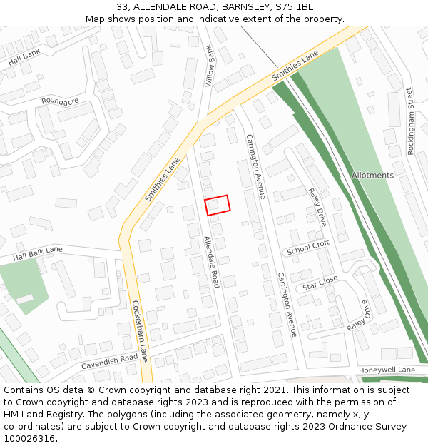 33, ALLENDALE ROAD, BARNSLEY, S75 1BL: Location map and indicative extent of plot