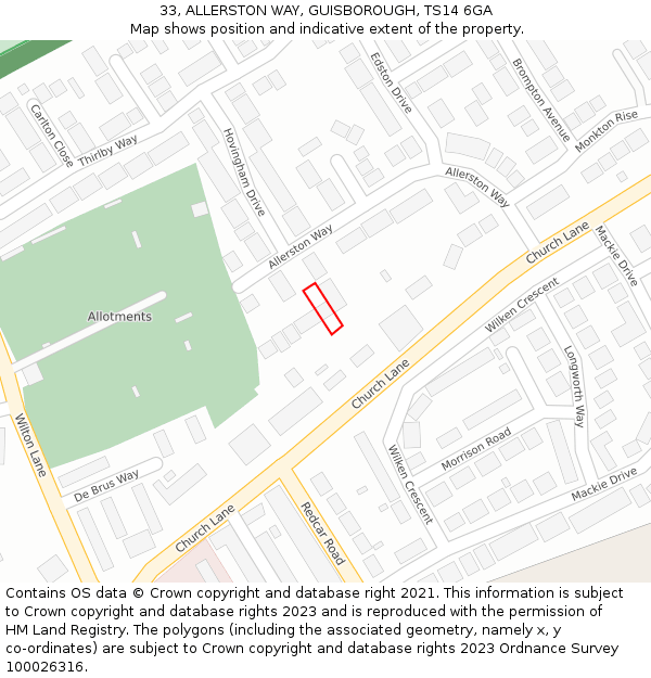 33, ALLERSTON WAY, GUISBOROUGH, TS14 6GA: Location map and indicative extent of plot