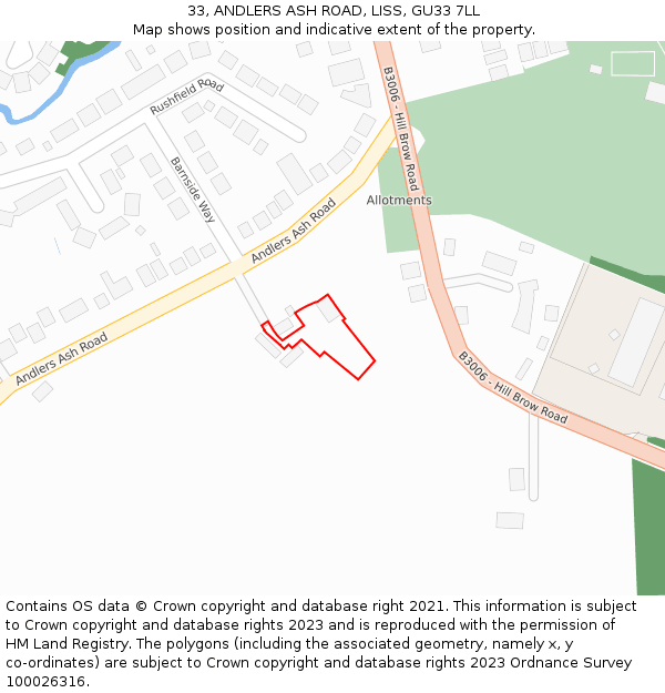 33, ANDLERS ASH ROAD, LISS, GU33 7LL: Location map and indicative extent of plot