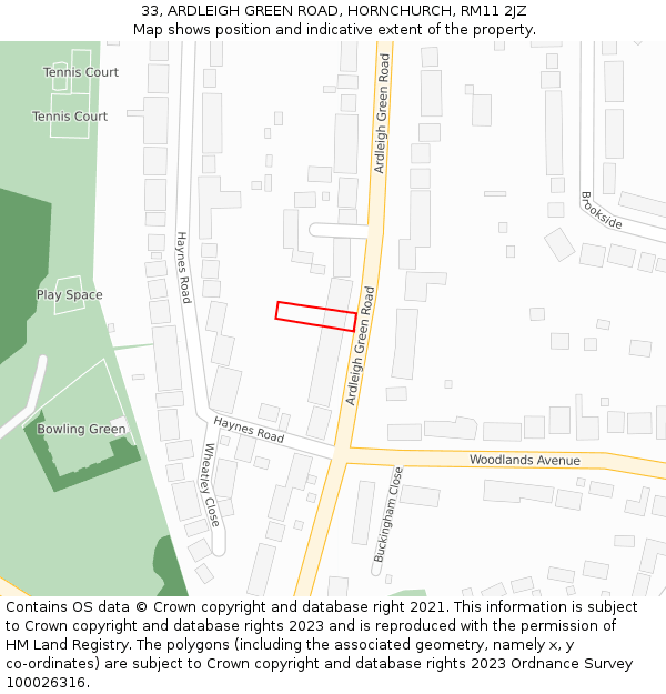 33, ARDLEIGH GREEN ROAD, HORNCHURCH, RM11 2JZ: Location map and indicative extent of plot