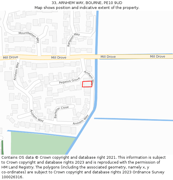 33, ARNHEM WAY, BOURNE, PE10 9UD: Location map and indicative extent of plot