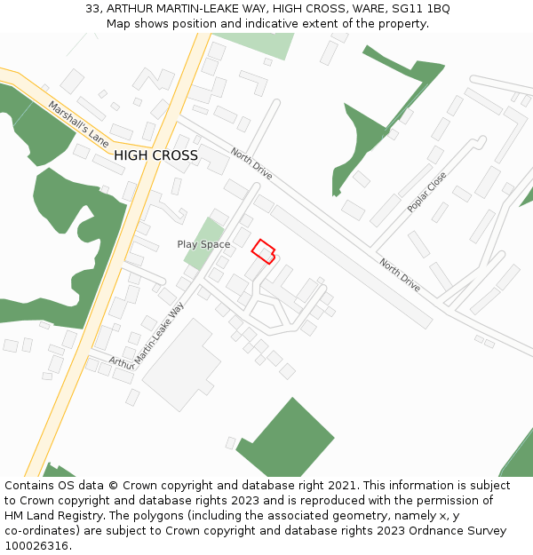 33, ARTHUR MARTIN-LEAKE WAY, HIGH CROSS, WARE, SG11 1BQ: Location map and indicative extent of plot