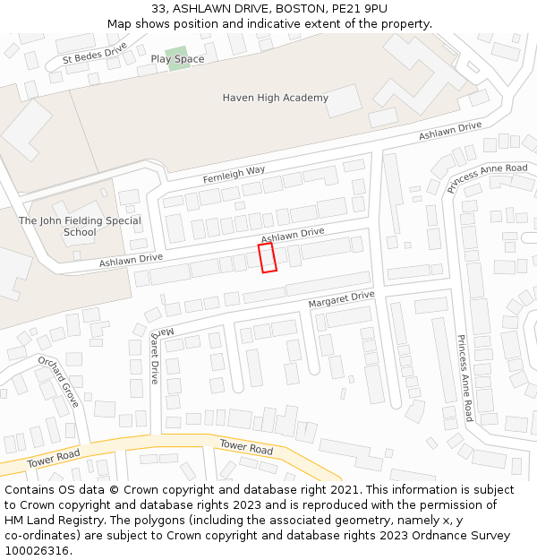 33, ASHLAWN DRIVE, BOSTON, PE21 9PU: Location map and indicative extent of plot