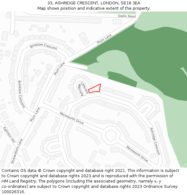 33, ASHRIDGE CRESCENT, LONDON, SE18 3EA: Location map and indicative extent of plot