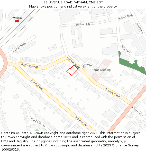 33, AVENUE ROAD, WITHAM, CM8 2DT: Location map and indicative extent of plot