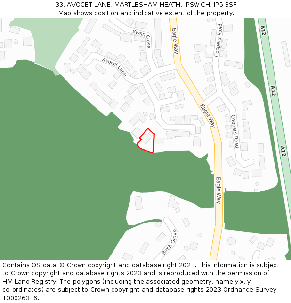 33, AVOCET LANE, MARTLESHAM HEATH, IPSWICH, IP5 3SF: Location map and indicative extent of plot