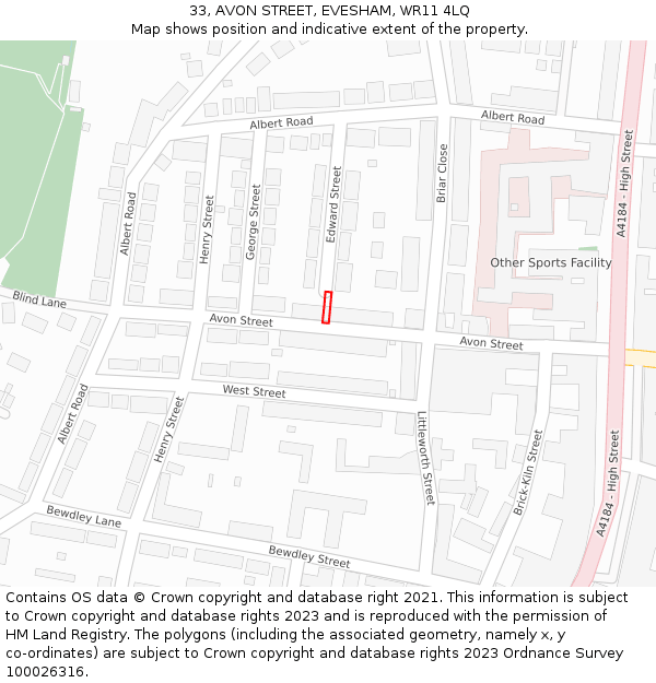 33, AVON STREET, EVESHAM, WR11 4LQ: Location map and indicative extent of plot