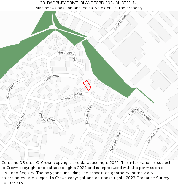 33, BADBURY DRIVE, BLANDFORD FORUM, DT11 7UJ: Location map and indicative extent of plot