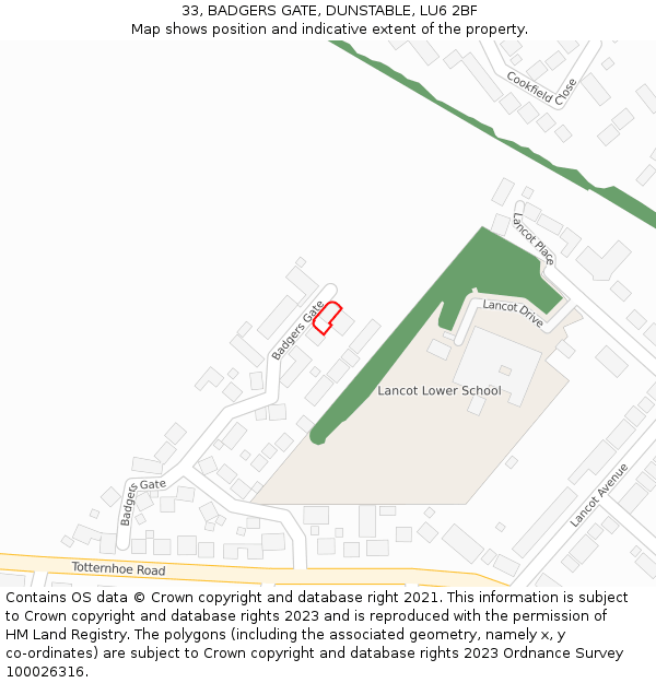 33, BADGERS GATE, DUNSTABLE, LU6 2BF: Location map and indicative extent of plot