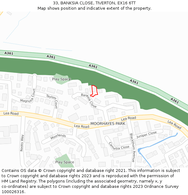 33, BANKSIA CLOSE, TIVERTON, EX16 6TT: Location map and indicative extent of plot