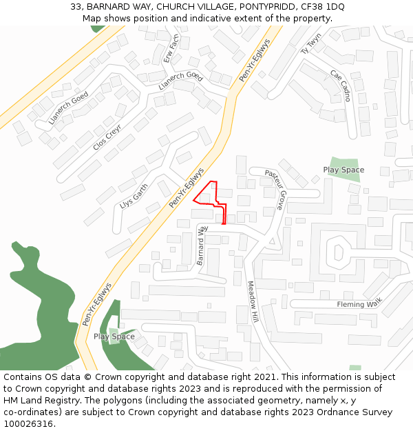 33, BARNARD WAY, CHURCH VILLAGE, PONTYPRIDD, CF38 1DQ: Location map and indicative extent of plot