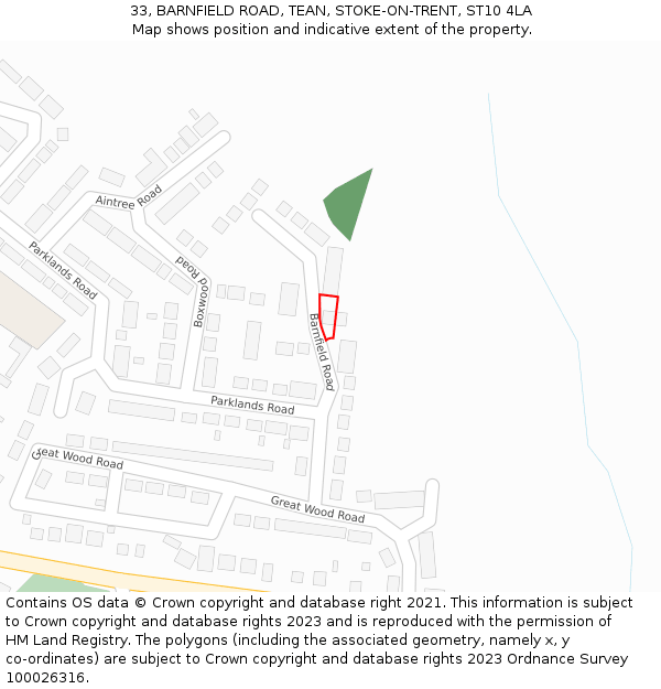 33, BARNFIELD ROAD, TEAN, STOKE-ON-TRENT, ST10 4LA: Location map and indicative extent of plot