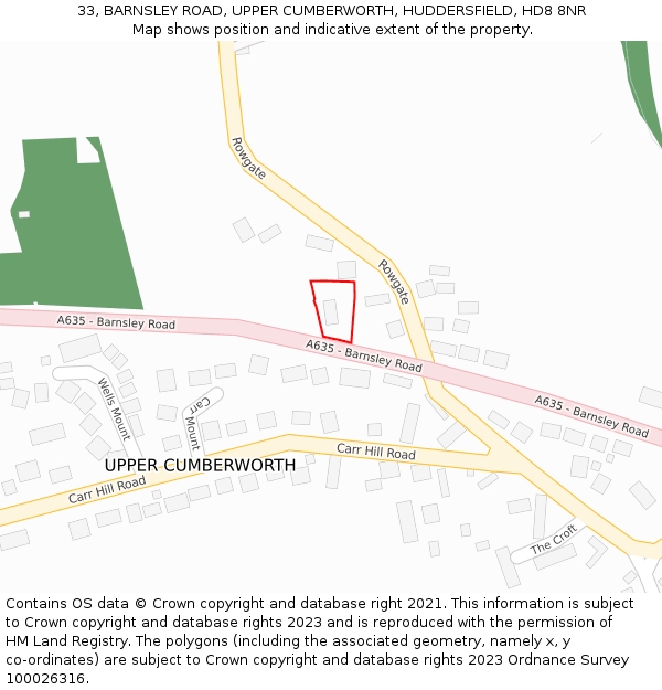 33, BARNSLEY ROAD, UPPER CUMBERWORTH, HUDDERSFIELD, HD8 8NR: Location map and indicative extent of plot