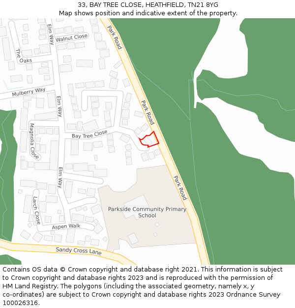 33, BAY TREE CLOSE, HEATHFIELD, TN21 8YG: Location map and indicative extent of plot