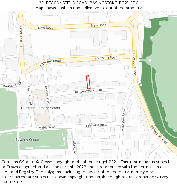 33, BEACONSFIELD ROAD, BASINGSTOKE, RG21 3DQ: Location map and indicative extent of plot