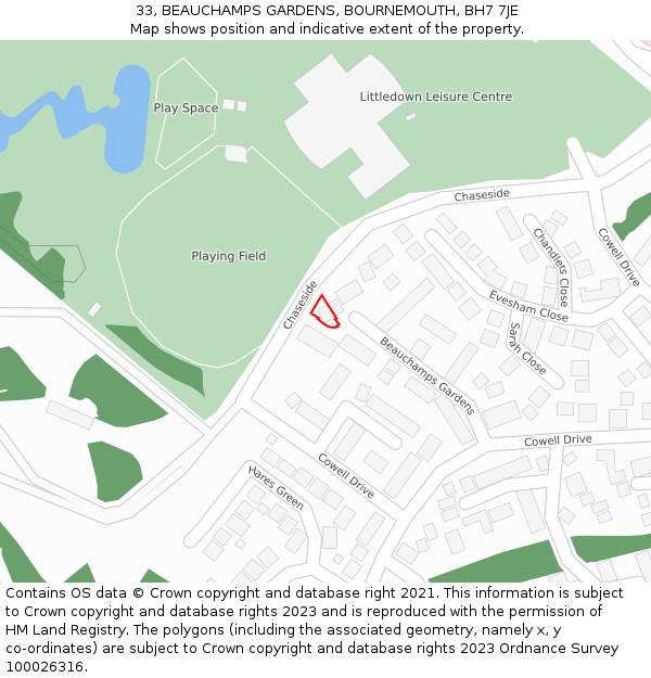 33, BEAUCHAMPS GARDENS, BOURNEMOUTH, BH7 7JE: Location map and indicative extent of plot