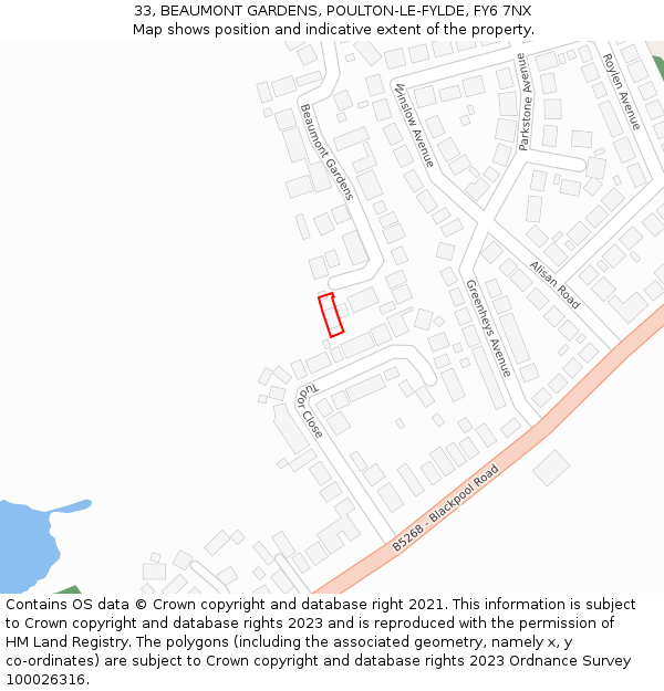 33, BEAUMONT GARDENS, POULTON-LE-FYLDE, FY6 7NX: Location map and indicative extent of plot