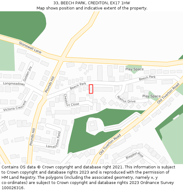 33, BEECH PARK, CREDITON, EX17 1HW: Location map and indicative extent of plot