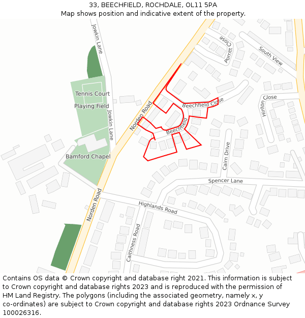 33, BEECHFIELD, ROCHDALE, OL11 5PA: Location map and indicative extent of plot