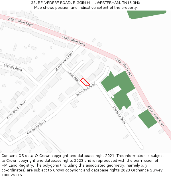 33, BELVEDERE ROAD, BIGGIN HILL, WESTERHAM, TN16 3HX: Location map and indicative extent of plot