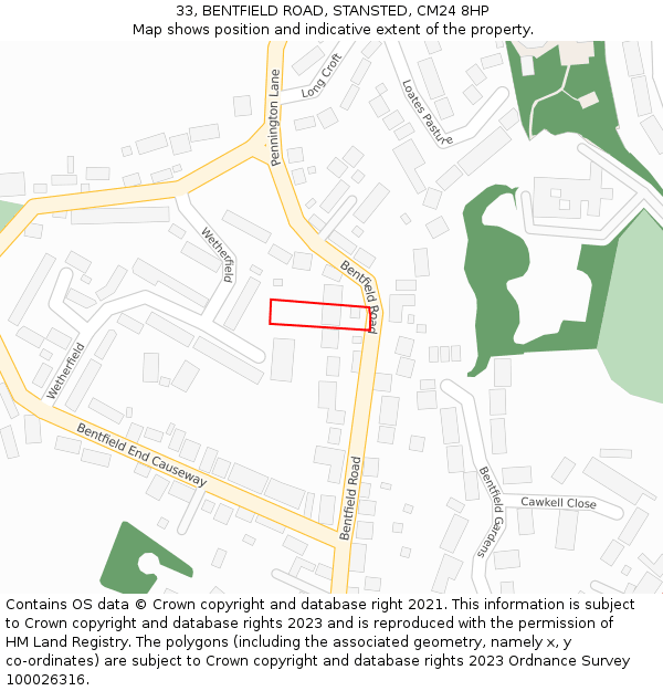 33, BENTFIELD ROAD, STANSTED, CM24 8HP: Location map and indicative extent of plot